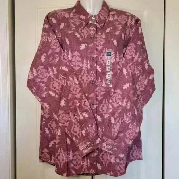 Vintage NWT‎ Cabelas Women's Button Down Maroon Snowflake Shirt - Picture 1 of 6